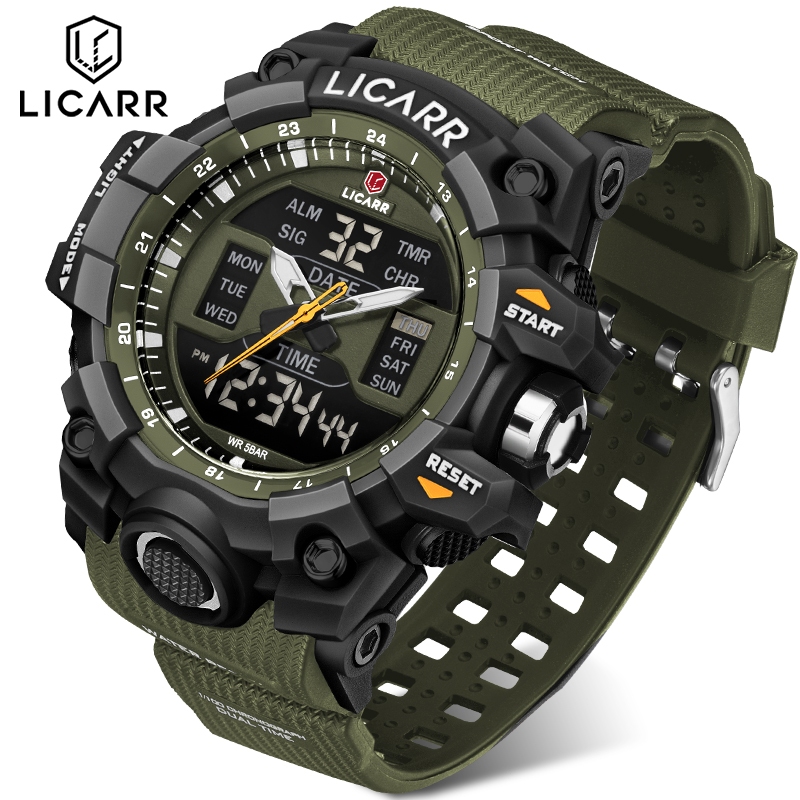 LICARR กีฬากันน้ําแฟชั่นนาฬิกาปลุกแสง Dual Display นาฬิกาผู้ชาย 9536