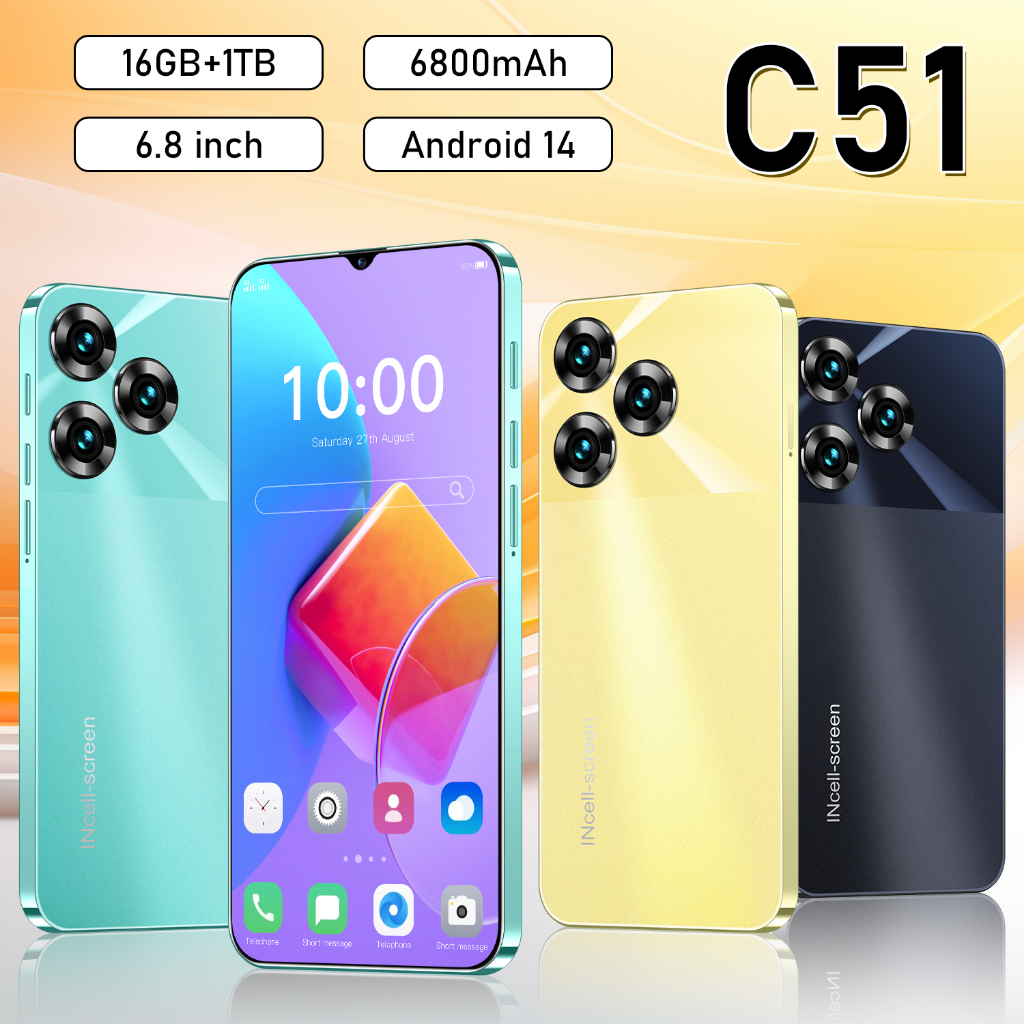 C51 5G สมาร์ทโฟนขนาด 9300 16GB + 1TB 6.8 "HD Full Display 72MP + 108MP กล้อง 6800mAh Android 14 Face