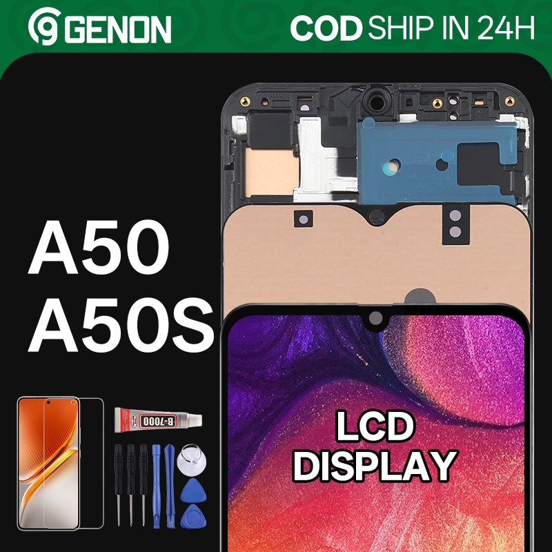Genon OLED LCD สําหรับ Samsung Galaxy A50 / A50S จอแสดงผล LCD หน้าจอสัมผัสพร้อมชิ้นส่วนทดแทนกรอบ