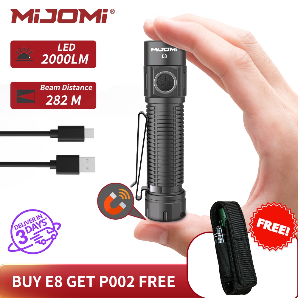 Mijomi EDC ไฟฉาย E8 2000 Lumen ความสว ่ างสูงไฟฉาย 18650 Type-C ไฟฉายแบบชาร ์ จไฟได ้ IPX8 กันน ้ ํา