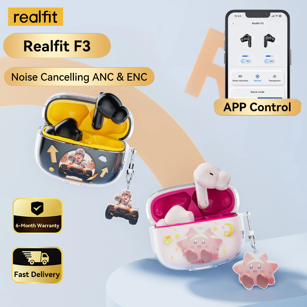 Realfit F3 หูฟังบลูทูธ ไร้สาย , หูฟังบลูทูธเบสหนักๆ, บลูทูธ 5.4, ANC -38dB, IPX5 กันน้ำและกันฝุ่น, เสียง Hi-Res Lossless, เวลาเล่น 28 ชั่วโมง