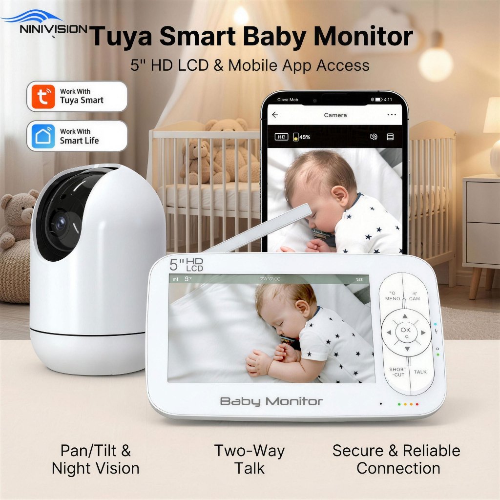 จอภาพเด็กหน้าจอขนาดใหญ่ 5 นิ้ว 1080P กล้องเฝ้าระวังไร้สายรองรับ Tuya App รีโมทคอนโทรลอุณหภูมิและการตรวจสอบความชื้นแบบเรียลไทม์ Smart Cry Detection เสียงสองทาง I