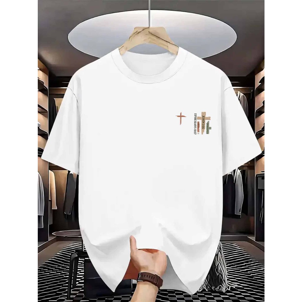 Cross Bible Verse Graphic Men's Short-Sleeved Shirt เหมาะสำหรับกิจกรรมกลางแจ้งทุกวัน สตรีทแวร์ และสไ