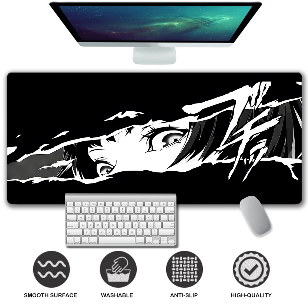 แผ่นรองเมาส์สําหรับเล่นเกมสไตล์อนิเมะ - Shadowy Glimpse Intense Eyes & Fragmented Face Design Extended Mousepad แผ่นรองเมาส์สําหรับเล่นเกมขนาดใหญ่ Stitching Edge Deskpad