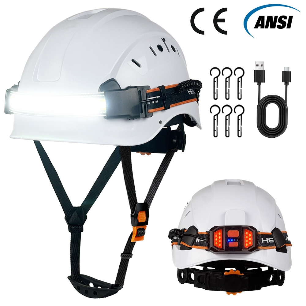 CE หมวกนิรภัย W/ ใหม่ Led ไฟหน้าแถบและไฟเตือนไฟท้าย ABS น้ําหนักเบา HardHat สําหรับการก่อสร้าง Traffi ทํางานกลางคืน