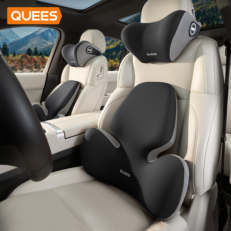 QUEES หมอนรองคอในรถ ที่รองหลังเบาะรถยนต์ หมอนรองคอ เมมโมรี่โฟม ระบายอากาศได้ แก้ปวดหลัง