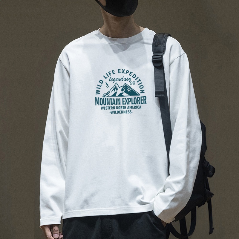เสื้อยืดแขนยาวคอกลม Mountain Peak พร้อมพิมพ์ลาย ทำจากผ้าฝ้ายหลวม สวมใส่สบาย เหมาะสำหรับฤดูใบไม้ผลิ