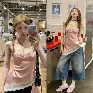 Hotpink ส่งจาก Bangkok🔥เสื้อสายเดี่ยวผ้าซาตินคุณภาพเยี่ยม ดีไซน์ผูกเชือกด้านหลังและตกแต่งด้วยลูกไม้เนื้อนุ่ม สวมใส่สบาย