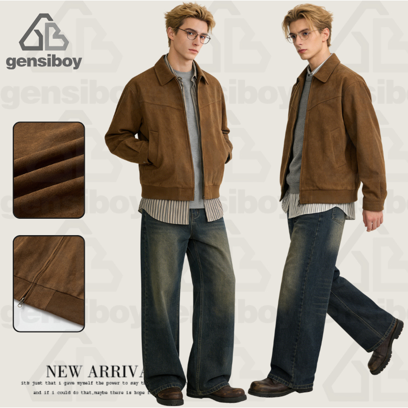 Gensiboy-แจ็คเก็ตผู้ชายหนังกลับหลวมซิป แขนยาว สไตล์เกาหลี สำหรับฤดูหนาวและใบไม้ร่วง โมโนโครมเรียบง่าย ส่งจากไทย