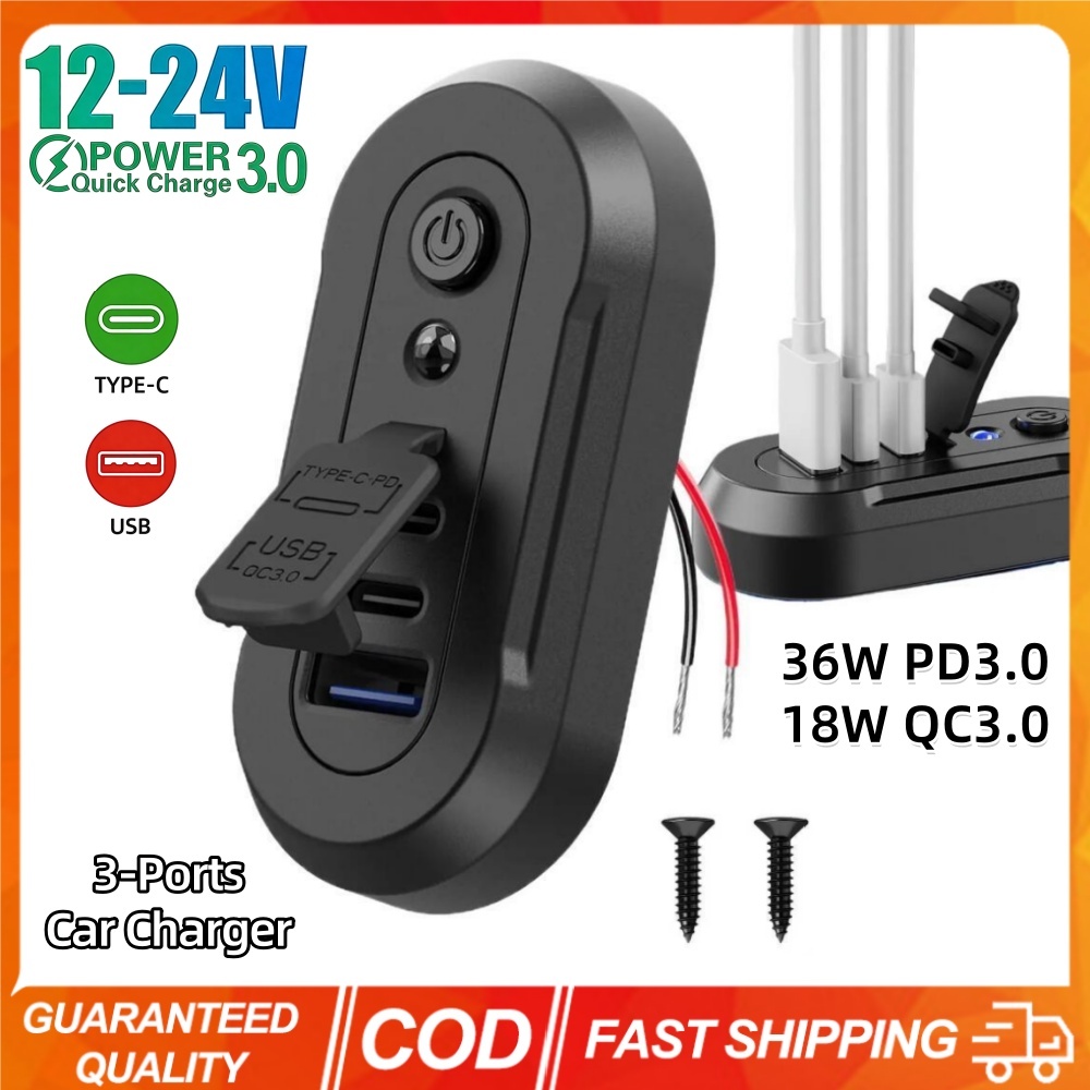 3-Ports USB Car Charger Socket Dual 18W QC3.0 & 36W PD3.0 พร้อม Locator Light USB Charger แผงกันน้ําสําหรับ 12V/24V รถรถบรรทุกเรือรถบัส