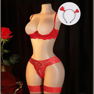 ชุดชั้นในปีใหม่สีแดงสำหรับผู้หญิง สี่ถ้วยและลูกไม้โปร่ง มาพร…