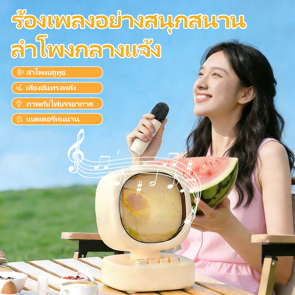 ลำโพงบลูทูธมินิ 2-IN-1 พร้อมไฟกลางคืนและระบบคาราโอเกะ เสียง ลำโพงคาราโอเกะไร้สายกลางแจ้งขนาดเล็ก
