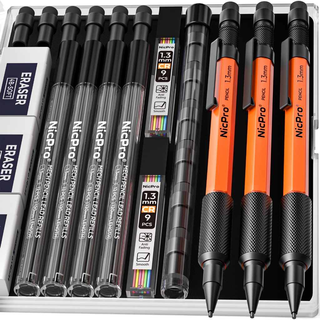 Nicpro 3 ชิ้น 1.3 มม. ชุดดินสอกดสีส้มพร้อมไส้ 66, 3 ยางลบ - Weatherproof Metal Barrel, Heavy Duty Carpenter Pencil MP2000 สําหรับกลางแจ้งเครื่องหมายร่างการวาดภาพ