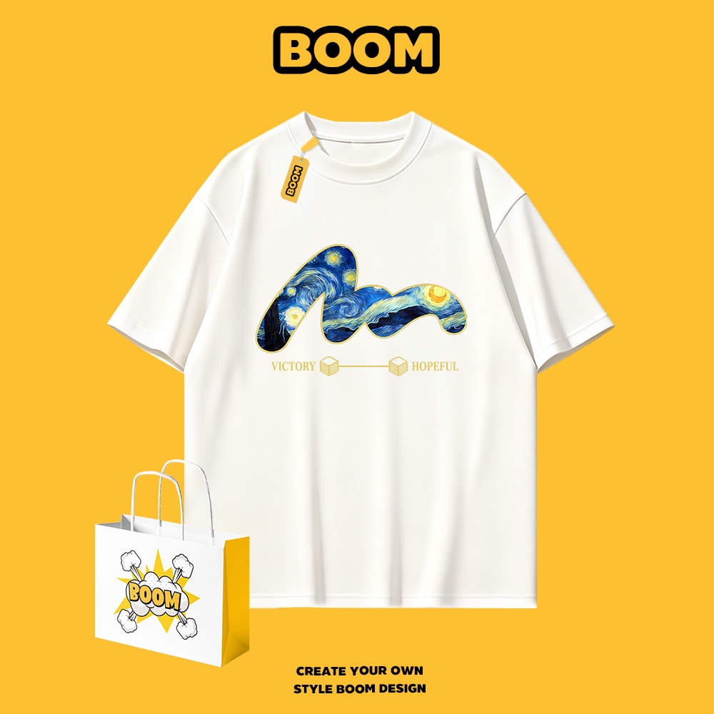 BOOM เสื้อยืดคอกลม ใส่ได้ทั้งชายและหญิง ผลิตจากผ้าคอตตอน 100% Oversize ระบายอากาศดี เหมาะสำหรับเยาวชน แฟชั่นคลาสสิก