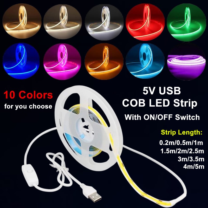 5V USB COB ไฟ LED Strip 320leds/m พร้อมสวิตช์เปิด/ปิด 0.2m-5m เทปยืดหยุ่นโคมไฟ DIY TV กระจก Backlight ห้องครัวตู้แสงสีขาวสีแดงสีเขียวฟ้าริบบิ้นเชือกตกแต่งบ้าน