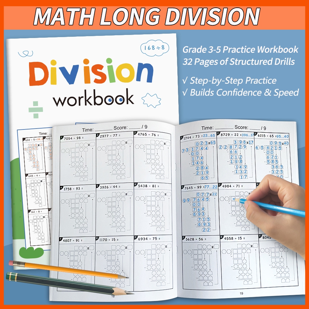 32 Pages Maths Arithmetic Long Division Workbook Children Quick Calculation Math Training Worksheets for 2nd Grade and 3rd Grade Homework