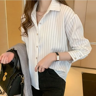 เสื้อเชิ้ตผู้หญิง ทรงหลวม แขนยาว ลายทาง,เวอร์ชั่นเกาหลี เสื้อเชิ้ตผู้หญิงายทางสีน้ำเงินเข้ม