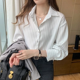 เสื้อเชิ้ตผู้หญิง ทรงหลวม แขนยาว ลายทาง,เวอร์ชั่นเกาหลี เสื้อเชิ้ตผู้หญิงายทางสีน้ำเงินเข้ม