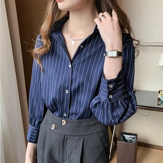 เสื้อเชิ้ตผู้หญิง ทรงหลวม แขนยาว ลายทาง,เวอร์ชั่นเกาหลี เสื้อเชิ้ตผู้หญิงายทางสีน้ำเงินเข้ม