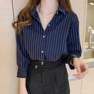 เสื้อเชิ้ตผู้หญิง ทรงหลวม แขนยาว ลายทาง,เวอร์ชั่นเกาหลี เสื้อเชิ้ตผู้หญิงายทางสีน้ำเงินเข้ม
