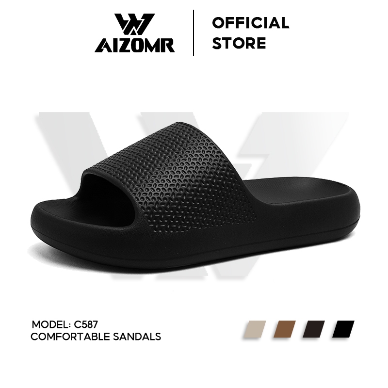 AIZOMR รองเท้าแตะผู้ชาย รองเท้าแตะในร่ม พื้นนุ่ม สบาย กันลื่น สีดํา รุ่น C587