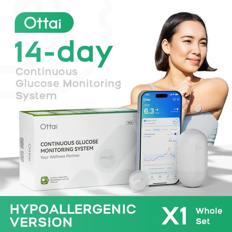 Ottai รุ่นความสะดวกสบาย CGM Continuous Glucose Monitor System 24h การทดสอบน้ําตาลในเลือดแบบเรียลไทม์ไม่มีการเก็บนิ้วครบชุด CGM