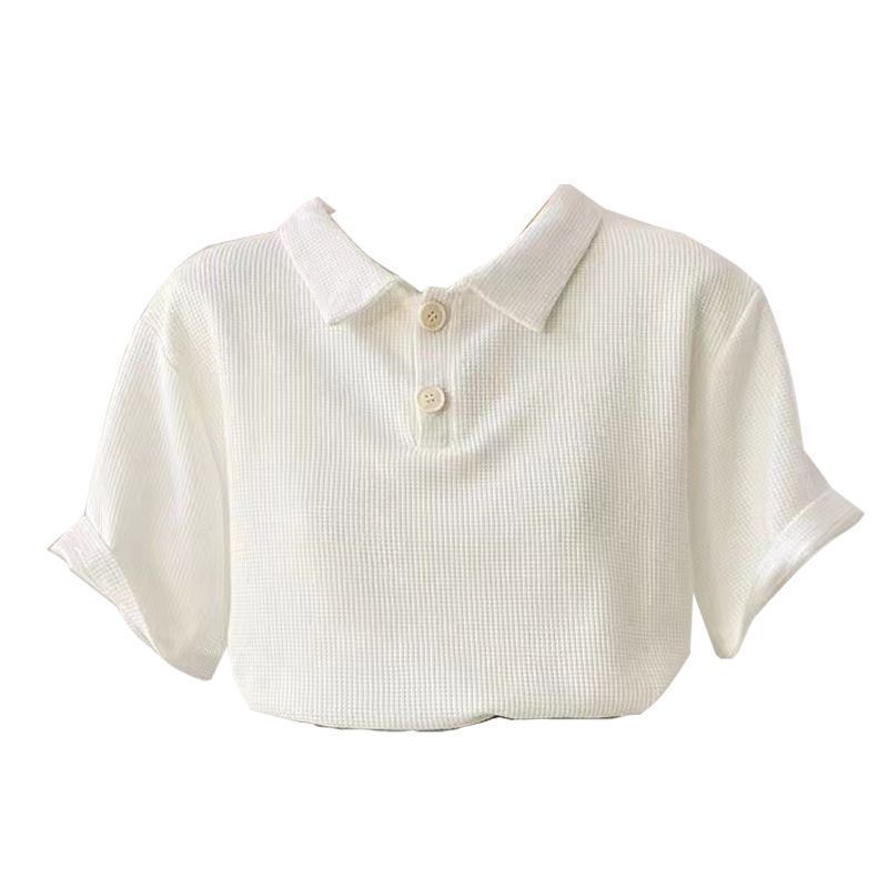 เสื้อยืดลําลอง สีพื้น-Waffle Knit -Polo เสื้อยืดสำหรับผู้หญิง สไตล์เกาหลี - รูปที่ 6