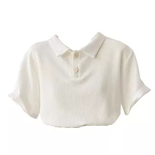 เสื้อยืดลําลอง สีพื้น-Waffle Knit -Polo เสื้อยืดสำหรับผู้หญิง สไตล์เกาหลี