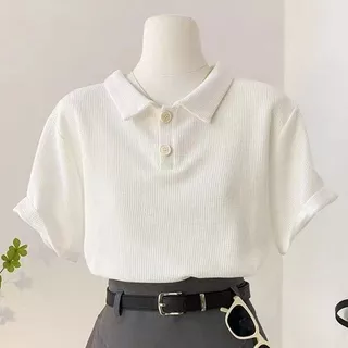 เสื้อยืดลําลอง สีพื้น-Waffle Knit -Polo เสื้อยืดสำหรับผู้หญิง สไตล์เกาหลี
