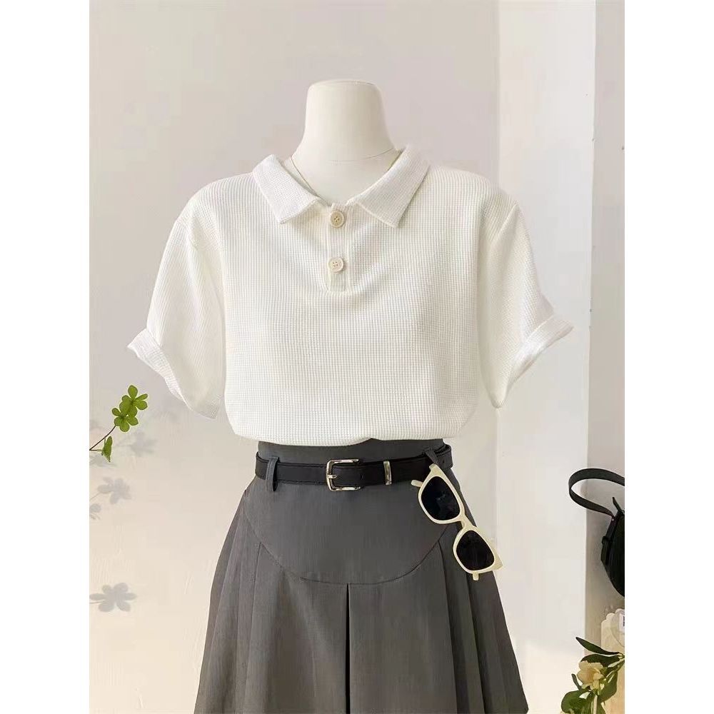 เสื้อยืดลําลอง สีพื้น-Waffle Knit -Polo เสื้อยืดสำหรับผู้หญิง สไตล์เกาหลี - รูปที่ 4