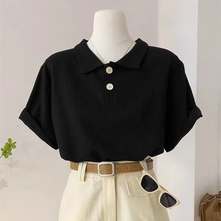เสื้อยืดลําลอง สีพื้น-Waffle Knit -Polo เสื้อยืดสำหรับผู้หญิง สไตล์เกาหลี