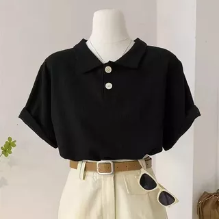 เสื้อยืดลําลอง สีพื้น-Waffle Knit -Polo เสื้อยืดสำหรับผู้หญิง สไตล์เกาหลี