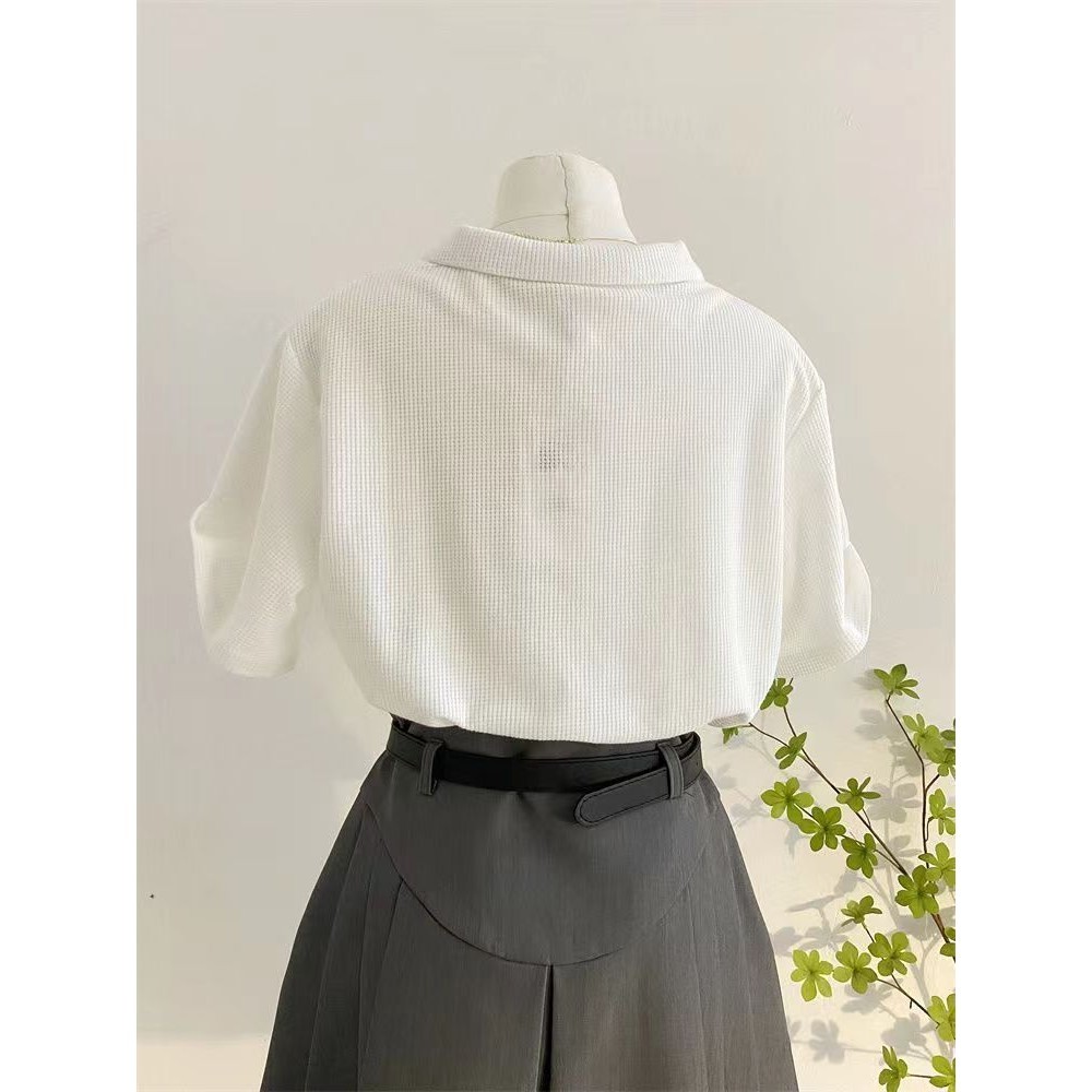 เสื้อยืดลําลอง สีพื้น-Waffle Knit -Polo เสื้อยืดสำหรับผู้หญิง สไตล์เกาหลี - รูปที่ 5