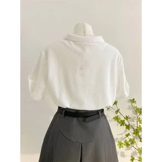 เสื้อยืดลําลอง สีพื้น-Waffle Knit -Polo เสื้อยืดสำหรับผู้หญิง สไตล์เกาหลี