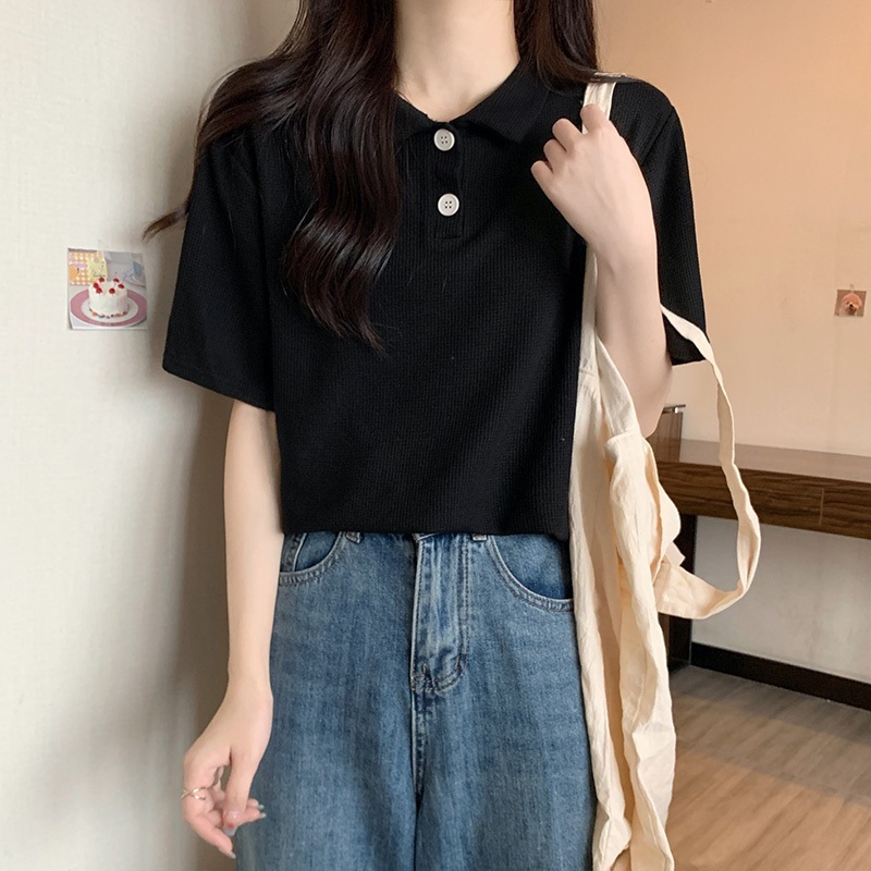 เสื้อยืดลําลอง สีพื้น-Waffle Knit -Polo เสื้อยืดสำหรับผู้หญิง สไตล์เกาหลี