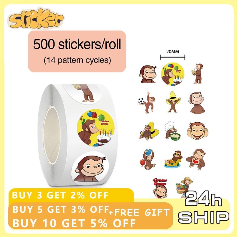 500 ชิ้น/ม้วนการ์ตูน Curious George สติกเกอร์ DIY โทรศัพท์แล็ปท็อปโน้ตบุ๊คสติกเกอร์กันน้ําของเล่นเด็ก