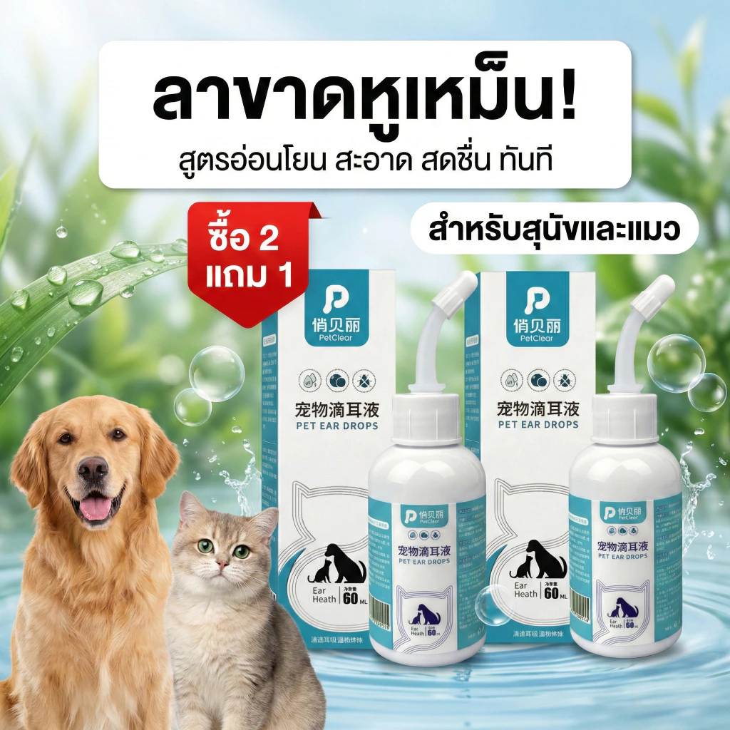 【ซื้อ 2 แถม 1】PETCLEAR น้ำยาทำความสะอาดหูสัตว์เลี้ยง 60 มล. สำหรับสุนัขและแมว ทำความสะอาดหูได้ง่าย