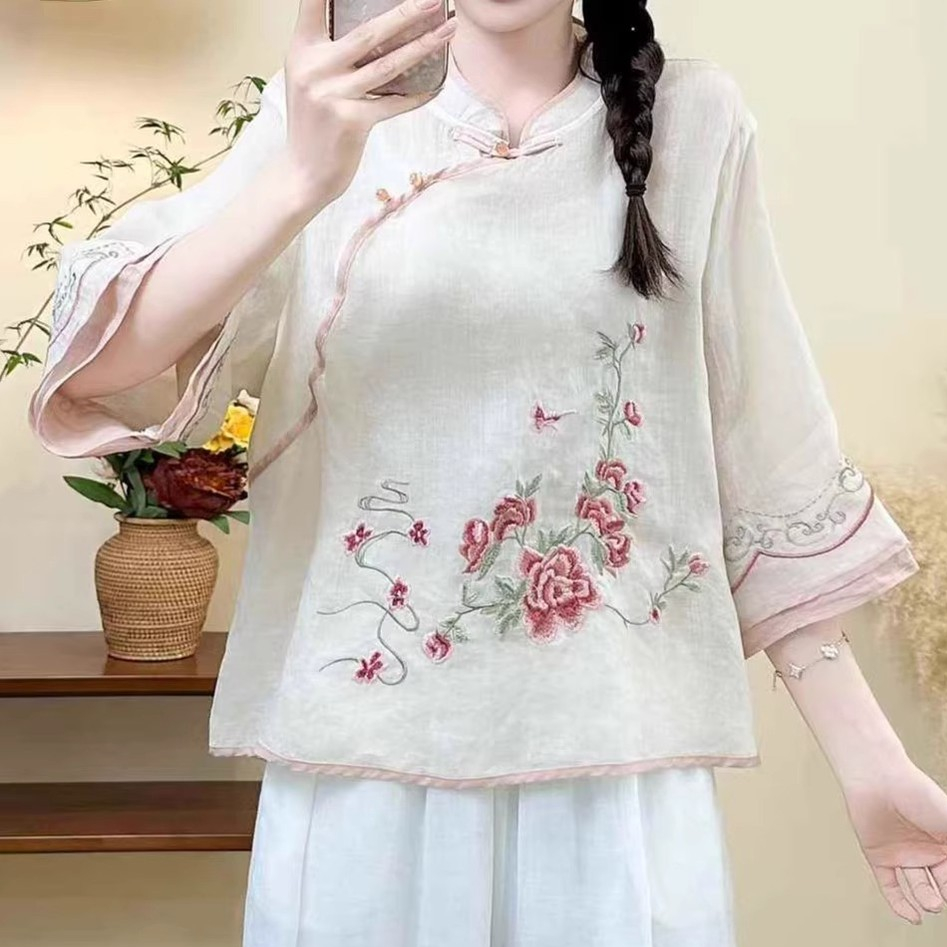 CP ปีใหม่ปีใหม่สไตล์จีนผ้าฝ้ายผ้าลินินเสื้อผู้หญิงปรับปรุง Hanfu ชาเสื้อผ้า All-Match บางผู้หญิง
