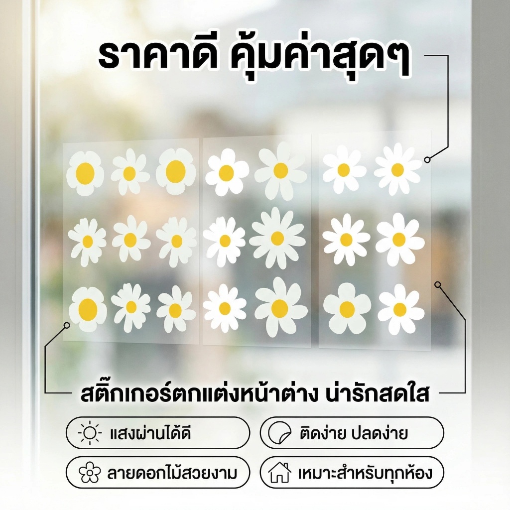 [จัดส่งในไทย] สติ๊กเกอร์กระจกลายดอกเดซี่เล็กและทานตะวัน ไม่มีกาว ถอดออกได้ ตกแต่งหน้าต่าง