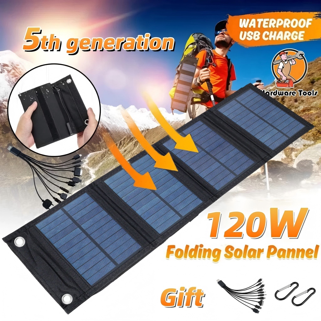 แผงโซลาร์เซลล์ 120W เครื่องชาร์จแบบพับได้ IP67 กันน้ํา USB เครื่องชาร์จพลังงานแสงอาทิตย์ ที่ชาร์จแบตเตอรี่โทรศัพท์แผงโซล่าพับได้ สำรองไฟฉุกเฉิน