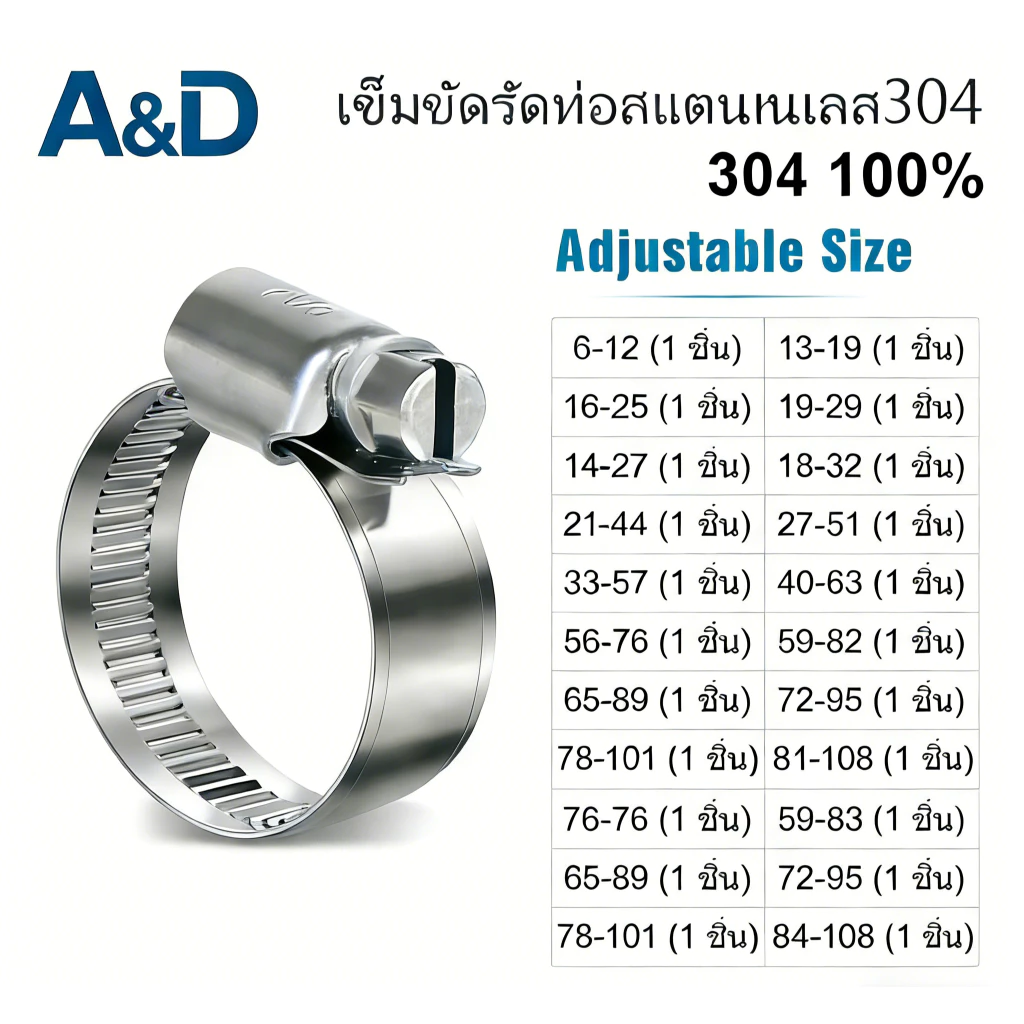 A&D เข็มขัดรัดท่อ เหล็กรัดสแตนเลส 304 เหล็กรัดสายยาง แคล้มรัดท่อ Hose Clip กิ๊ปรัดท่อ เข็มขัดรัดสายยาง