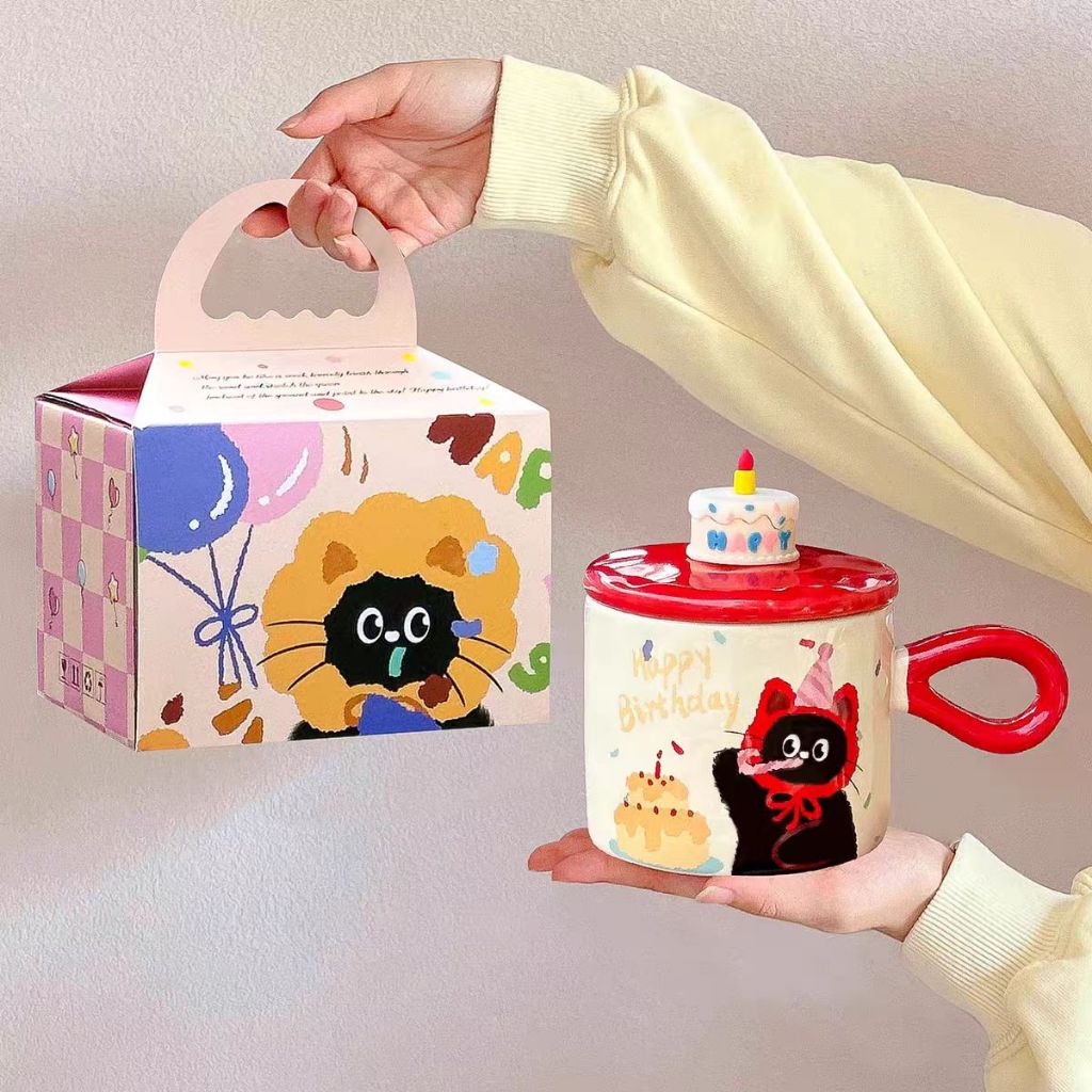 SENSENLIVE 🐱ถ้วยแก้วแมวเซรามิค 🎀ลายแมวน่ารักมาก ของขวัญวันเกิด🎁 สําหรับสาวๆ 💕 แก้วดื่มน้ำสไตล์เกาหลี ☕️