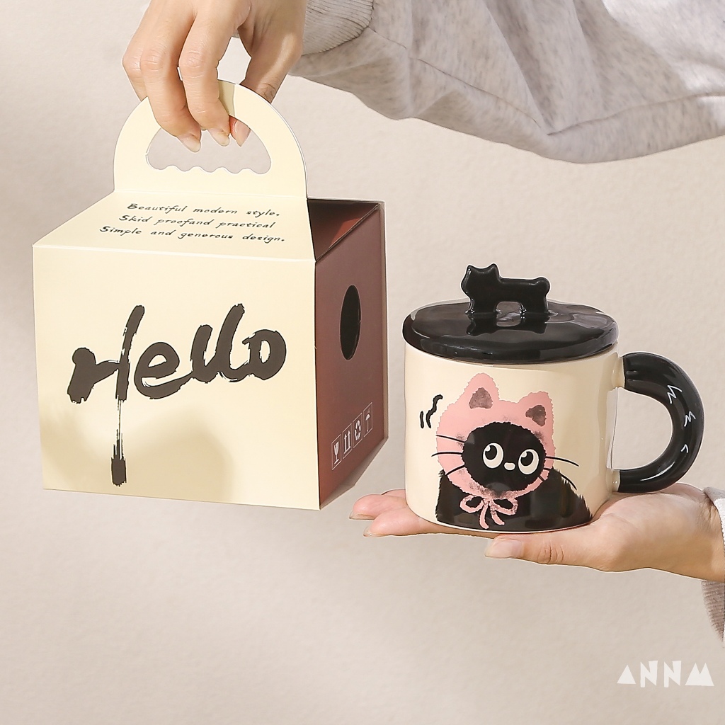 SENSENLIVE แมวน่ารัก แก้วเซรามิก ของขวัญที่ใช้งานได้จริง สําหรับแฟนและครัวเรือน ถ้วยดื่ม ถ้วยกาแฟ สํานักงาน พร้อมฝาปิด🐱☕