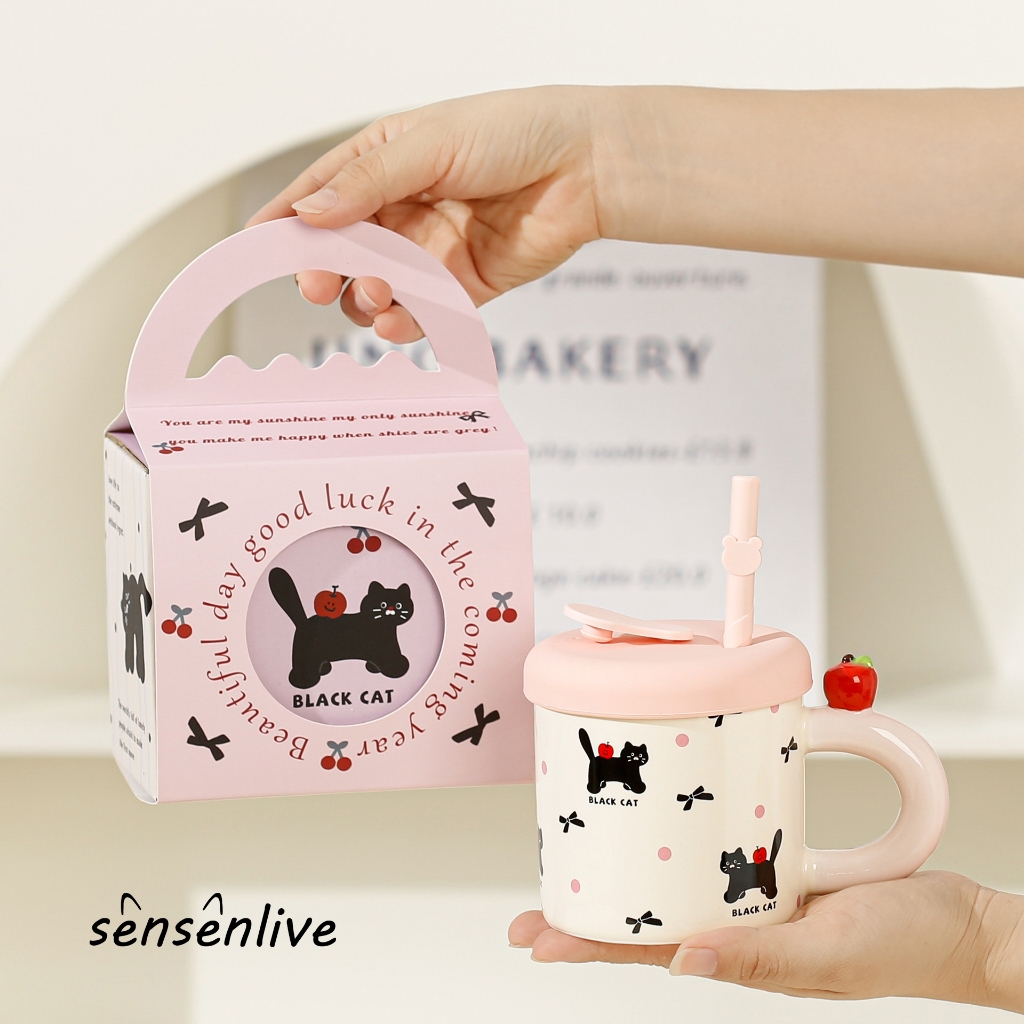 SENSENLIVE แก้วน่ารักของขวัญวันเกิดสําหรับผู้หญิง แก้วแมว แก้วกาแฟน่ารัก แก้วความงาม  แก้วของขวัญ แก้วเซรามิคพร้อมฝาปิด ของขวัญวันครู