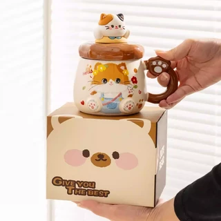 SENSENLIVE น่ารักของขวัญวันเกิดสําหรับผู้หญิง แมว กาแฟน่ารัก แก้วความงาม แก้วของขวัญ แก้วเซรามิคพร้อมฝาปิด ของขวัญวันครู🎁