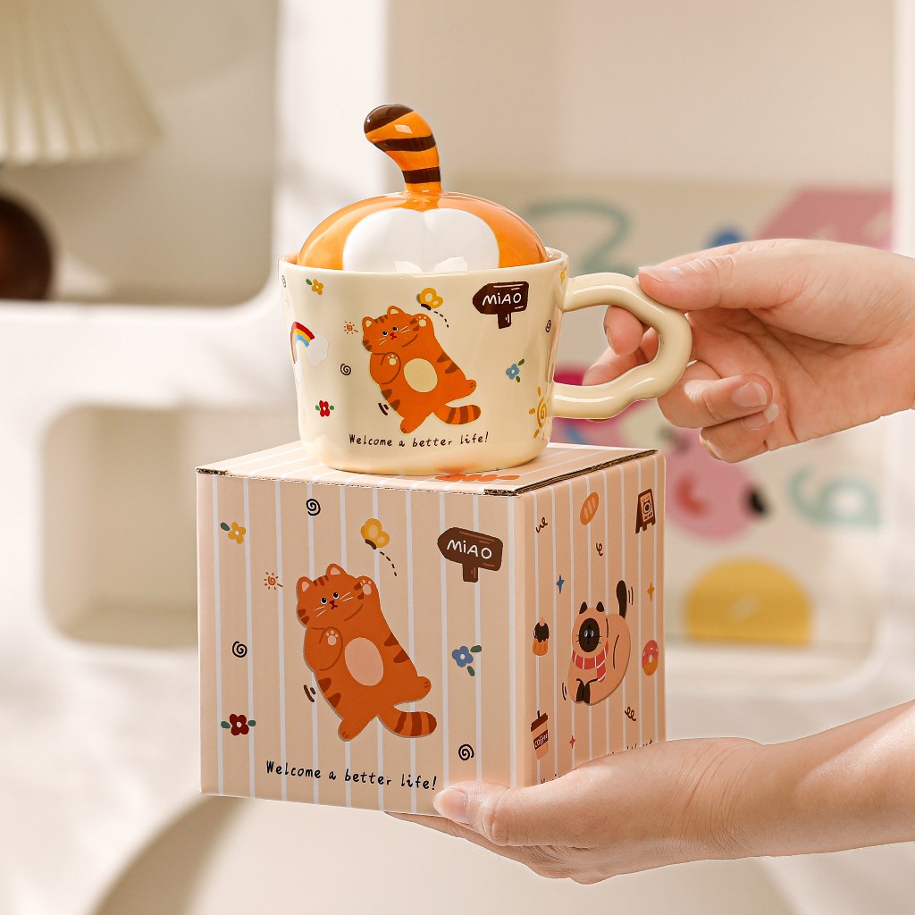 ✨แก้วเซรามิกการ์ตูน SENSENLIVE มีฝาปิด | ของขวัญวันเกิดสํานักงาน | ถ้วยน้ำแมวสร้างสรรค์ | ของขวัญคริสต์มาส