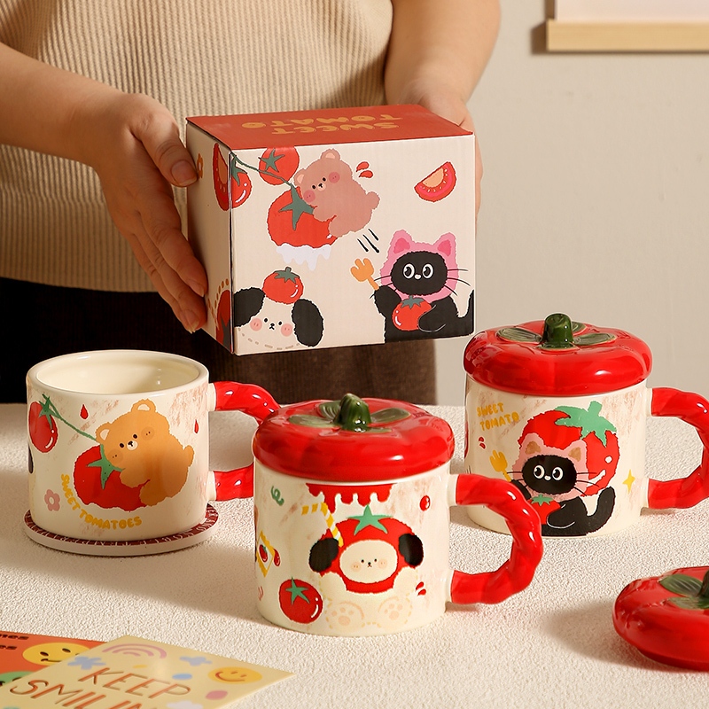 SENSENLIVE ชุดถ้วยกาแฟคู่ มูลค่าสูง ✨🎀 แก้วเซรามิกน่ารัก พร้อมฝาปิด ของขวัญวันเกิดสาว