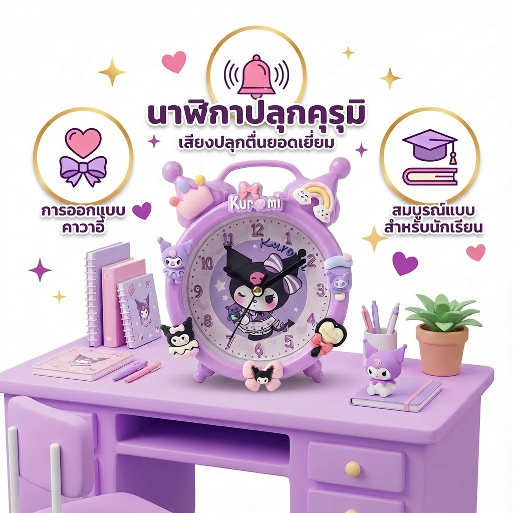นาฬิกาปลุก Kuromi สำหรับเด็กผู้หญิง – ตัวเลขชัดเจน แบตอึด ใช้งานนาน ออกแบบน่ารักเฉพาะ ของขวัญวันเกิด 4-10 ปี