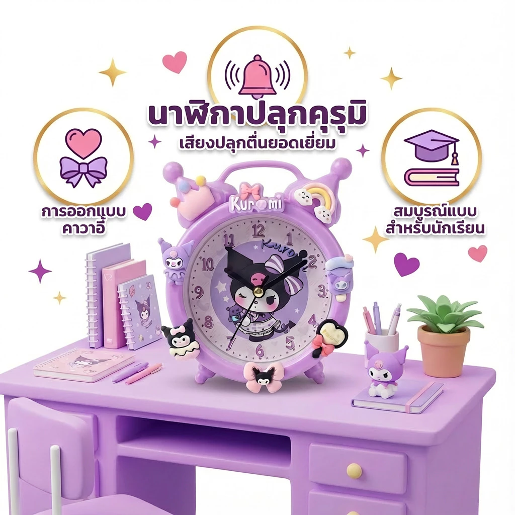 นาฬิกาปลุก Kuromi สำหรับเด็กผู้หญิง – ตัวเลขชัดเจน แบตอึด ใช้งานนาน ออกแบบน่ารักเฉพาะ ของขวัญวันเกิด 4-10 ปี