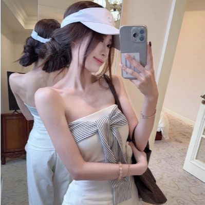 NICO BRA เสื้อเกาะอกผู้หญิง ดีไซน์เชื่อกผูกหน้าอก เสื้อครอปทรงรัดรูป เซ็กซี่แฟชั่นY2K สไตล์อเมริกัน สีพื้น แขนกุด - รูปที่ 3